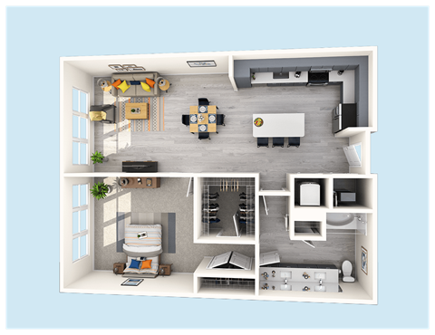 Floor plan for 1 bed, 1 bath, 967 sqft